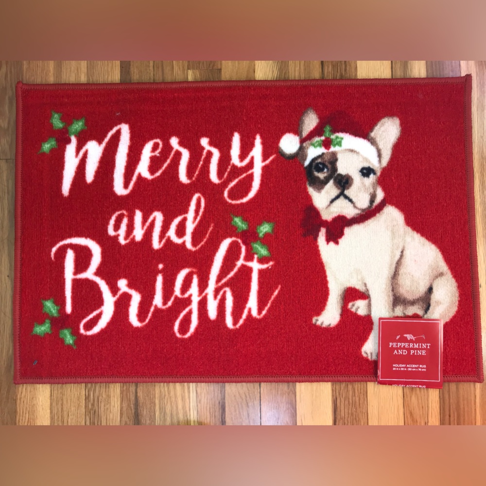 French Bulldog Merry & Bright Holiday Christmas Accent Rug Door Food Mat NEW NWT